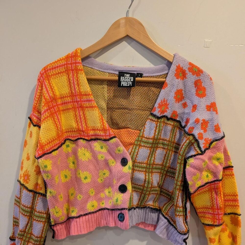 The Ragged Priest Multi color Daisy Patchwork Boho Whimsy Sz S Cardigan Spring